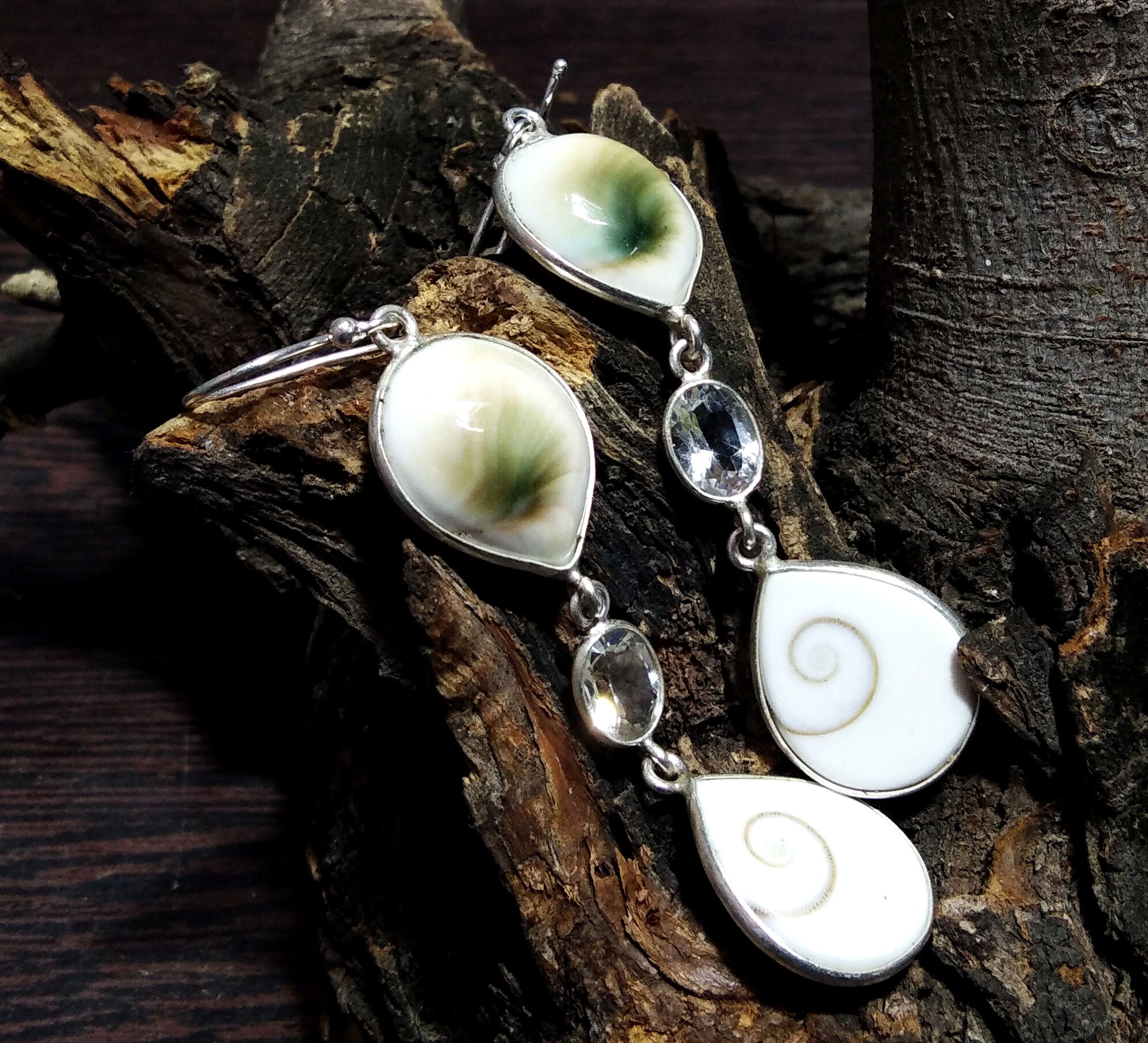 Natural Shiva Eye Shell Stone Earring, 925 Solid Starling Silver Earring, Beautiful Shiva Eye Shell/Topaz Stone Size 17x14 mm Gift Earring